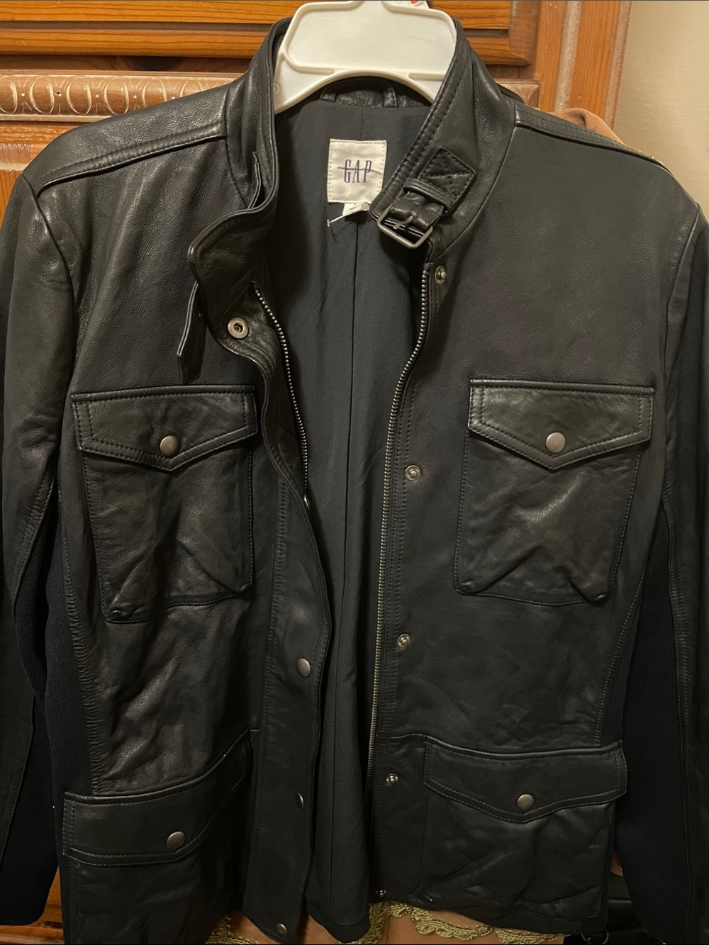 GAP Black Leather Military Field Jacket with Buckle Collar